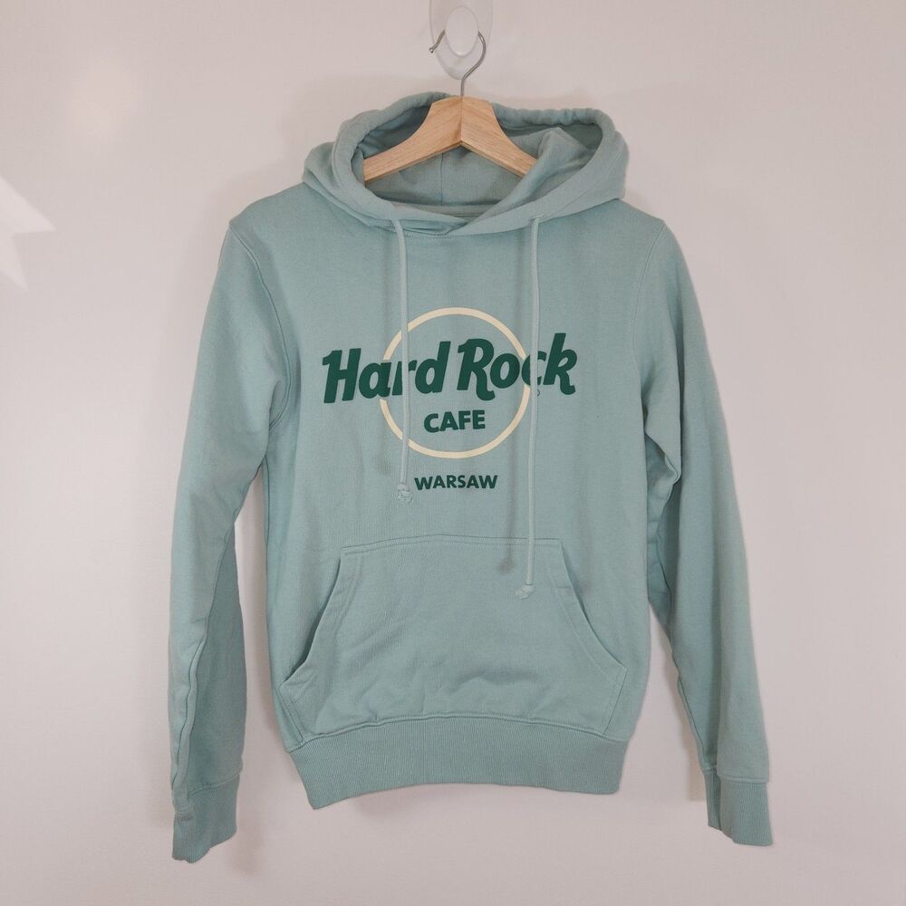 NWOT Hard Rock Cafe WARSAW Light Aqua Classic Logo Pocket SMALL Hoodie Poland